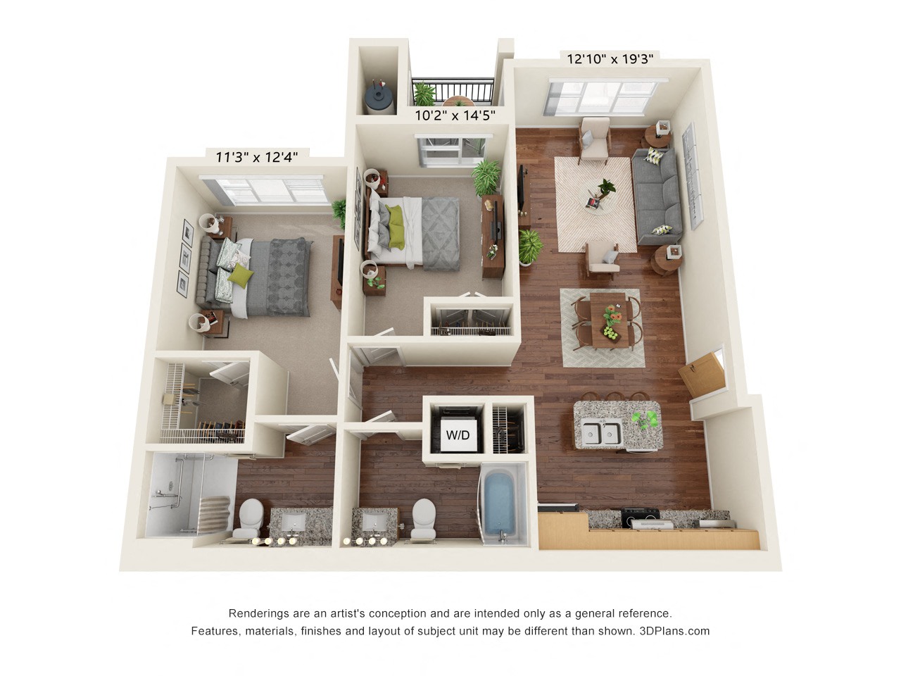 Floor plan for 2 beds, 2 baths, 1065 sqft
